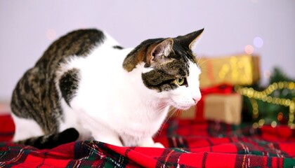 A tabby and white cat sits alertly on a red tartan blanket with Christmas gifts and lights in the background.