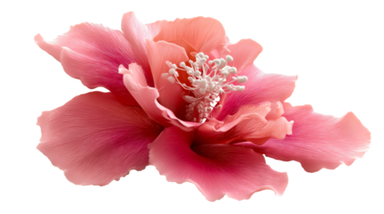 Close-up of a detailed pink hibiscus flower with delicate petals and white stamens, cut out transparent