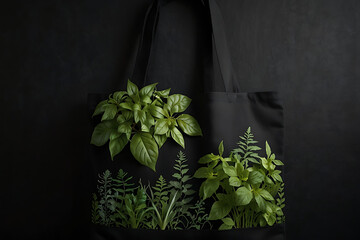 Black and white pot with a green plant and fresh leaves