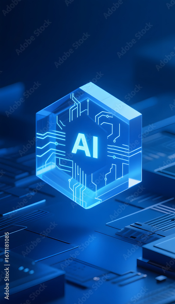 Aufkleber a glowing hexagonal ai icon with circuit patterns, set against a futuristic blue tech background.