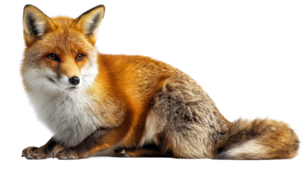 Red fox with striking orange fur and bushy tail resting on a white background, cut out transparent