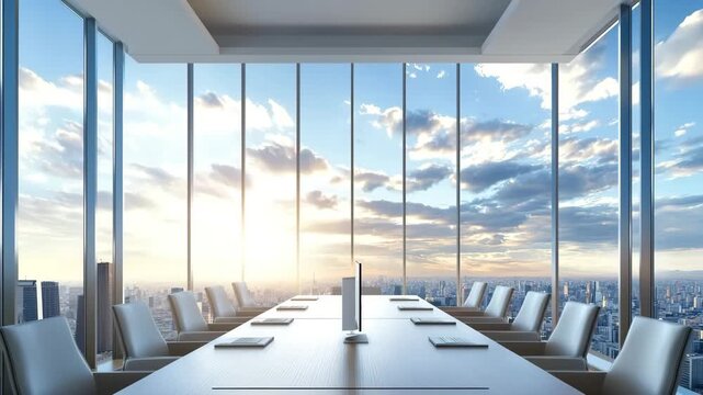 Modern Conference Room Meeting Business Office with Panoramic City View, Glass Wall, Sunrise Light
