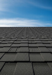 Dark gray asphalt shingle rooftop under a bright blue sky