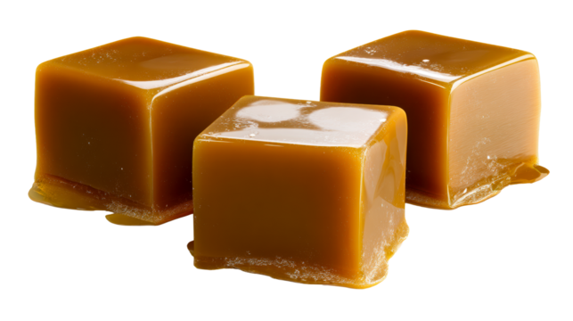 Three glossy cubes of amber caramel candy with a melted drip, cut out transparent