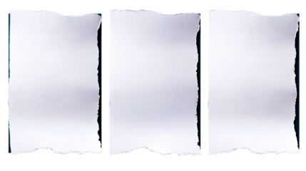 Three Torn White Paper Vertical Panels with Rough Edges, cut out transparent
