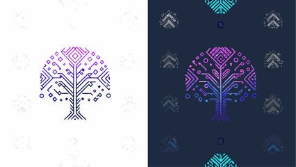Digital tree with geometric shapes and circuit board patterns on contrasting backgrounds showing duality