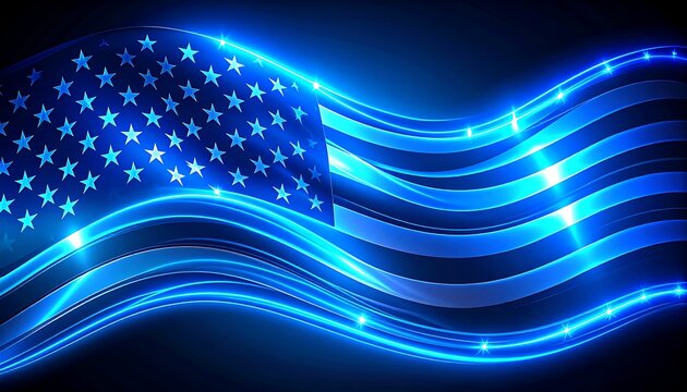 Abstract waving flag design with glowing blue lines and stars