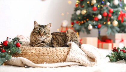 Two tabby cats lie in a wicker basket near a Christmas tree with gifts, surrounded by festive decorations.