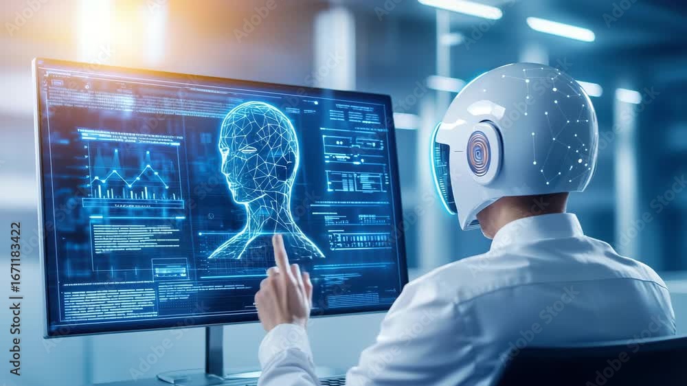 Poster futuristic robot and artificial intelligence technology analyzing digital human face and head data