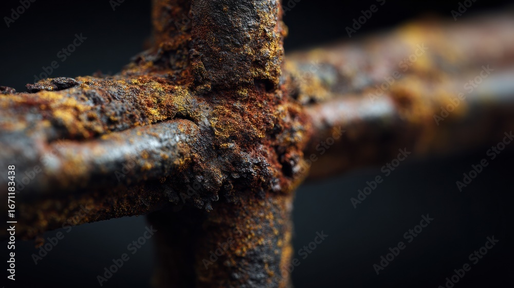 Poster rust-covered metal cross with vivid textures captured in close-up view highlighting decay and age