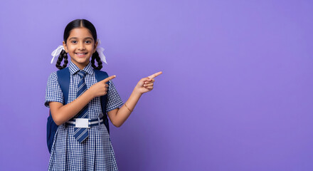 3. Happy indian kid primary elementary school girl with backpack wearing school uniform pointing fingers aside at copy space advertising products or services for pupils isolated on violet background