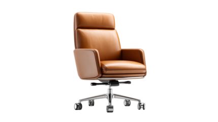 Executive Brown Leather Office Chair with Chrome Base and Wheels, cut out transparent
