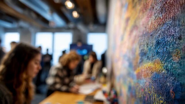 Focused medium shot capturing a mural section where AI algorithms visualize dreamjournal sketches with textured brush strokes in foreground and dreamy blurred collaborators in