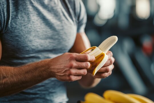 A man hands peeling a banana to eat before a workout in the fitness room , Generative AI