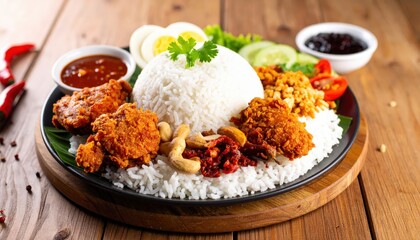 Fototapeta premium Delicious Nasi Lemak A Fragrant Malaysian Rice Dish with Crispy Chicken