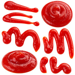 Ketchup Artistic Design Isolated On White Background: The image features artistic ketchup swirls, dots, and lines arranged on a surface, offering an inviting display of color and texture. 