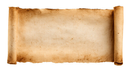 Aged, unfurled scroll with burnt edges and textured paper, cut out transparent