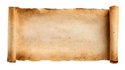 Aged, unfurled scroll with burnt edges and textured paper, cut out transparent