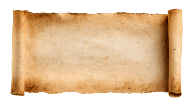 Aged, unfurled scroll with burnt edges and textured paper, cut out transparent
