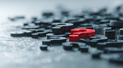 A single, vibrant red question mark amongst many dark question marks.