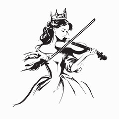 Girl in Princess Attire Playing the Violin Logo Vector on white background