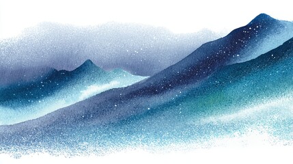 A serene watercolor depiction of mountains, blending cool blues and greens, creating a tranquil and dreamy atmosphere.