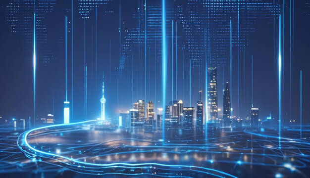 Future Tech City Night View Data Flow Smart Metropolis PPT Background - Powered by Adobe