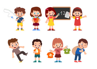 Set of cute little kids cartoon characters with various activities, Little kid carrying box, eating, snack, falling down, fishing road, choose t shirt, holding box, writing on blackboard, exam paper.