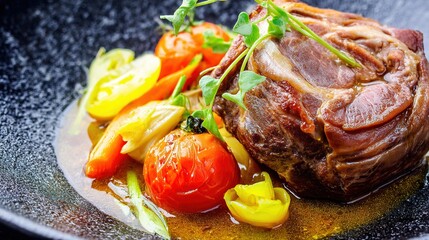 色鮮やかな旬の野菜を添えたローストポーク料理を、温かみのある照明とともにお召し上がりください。