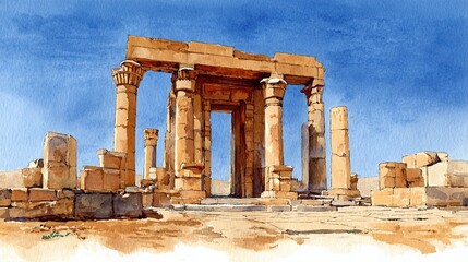 Fototapeta premium A watercolor depiction of ancient ruins featuring tall columns and stone structures under a clear blue sky, evoking historical significance and architectural beauty.