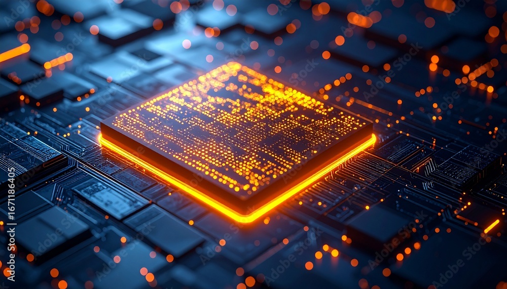 Poster glowing microchip on dark circuit board, generated with ai.