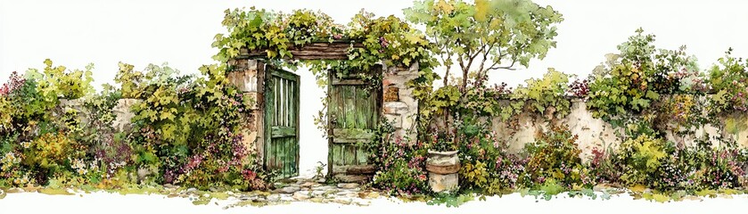 A charming garden gate surrounded by lush greenery and vibrant flowers invites exploration and captures the essence of nature's beauty.