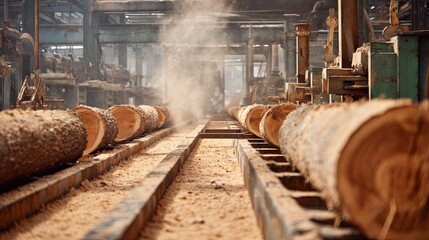 Fototapeta premium A sawmill interior with logs lined up, dust in the air, highlighting an industrial setting for wood processing.
