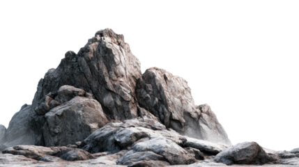 Rugged Grey Rock Formation with Rough Texture Against White Background, cut out transparent