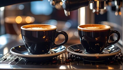 Fototapeta premium Enjoy two cups of delicious latte art in a relaxed cafe atmosphere for your morning coffee break