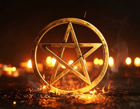 Glowing pentagram in a ring of fire, surrounded by candles