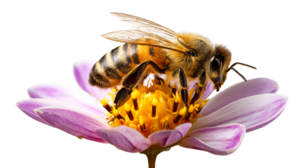 Close-up of a furry bee gathering pollen from a vibrant pink and yellow flower, cut out transparent