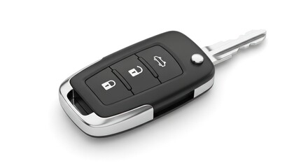 Modern Car Key with Remote on White Background, Automotive Security and Technology