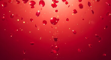 Obraz premium Falling red rose petals on a red background.
