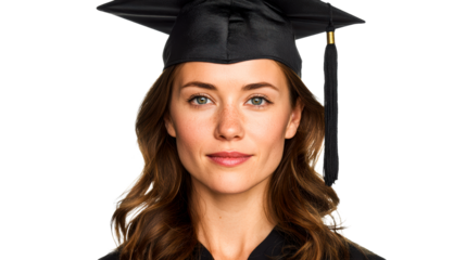 Young Woman Wearing Graduation Cap and Gown Smiling, cut out transparent