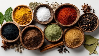 Assorted spices in small wooden bowls, arranged on a white surface