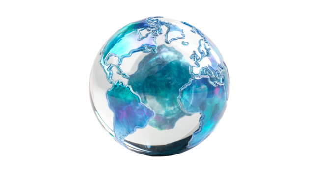 Abstract Glass Globe with Blue and Teal Swirls on White, cut out transparent