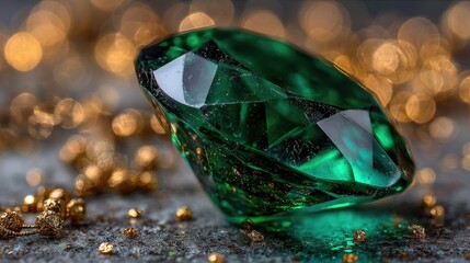 Close-up emerald green gem, sparkling bokeh