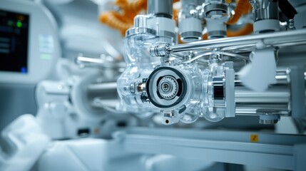 Close-up of a complex, transparent mechanical device with tubes and connectors, blue-toned lighting