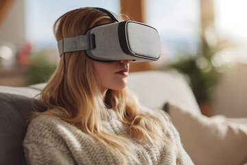 Woman wearing virtual reality headset exploring metaverse at home