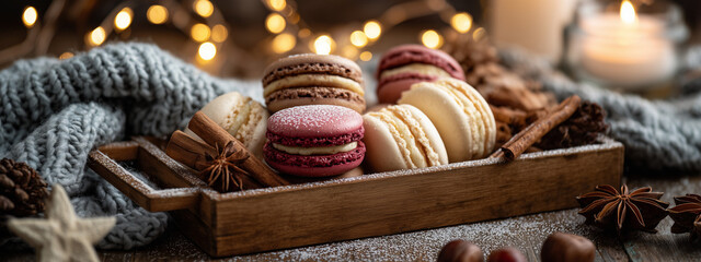 Assorted colorful macarons in a wooden tray with cinnamon sticks, star anise, and cozy holiday lights in the background, festive dessert photography
