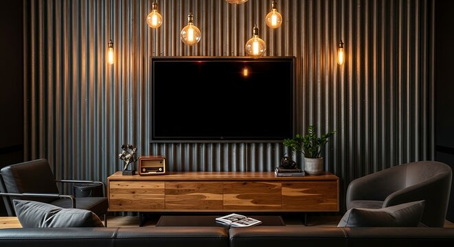 Modern living room interior with a TV on a slatted feature wall and warm ambient lighting.