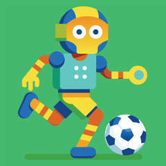 A determined robot is about to kick the soccer ball with focus