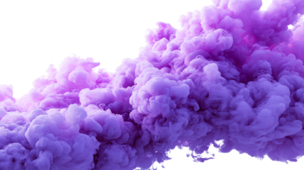 Vibrant purple ink dissolving in clear liquid creating swirling cloud shapes, cut out transparent
