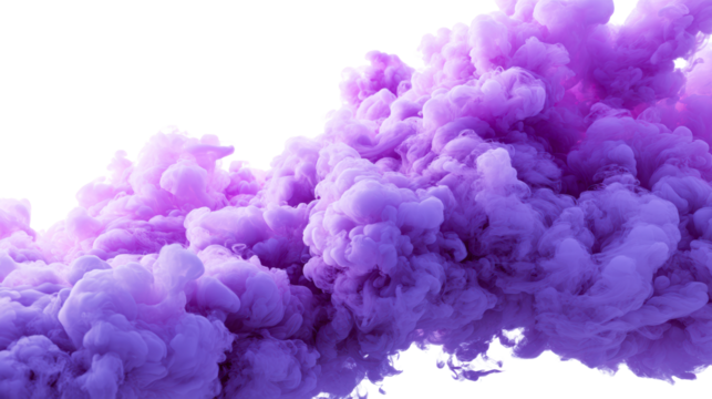 Vibrant purple ink dissolving in clear liquid creating swirling cloud shapes, cut out transparent
